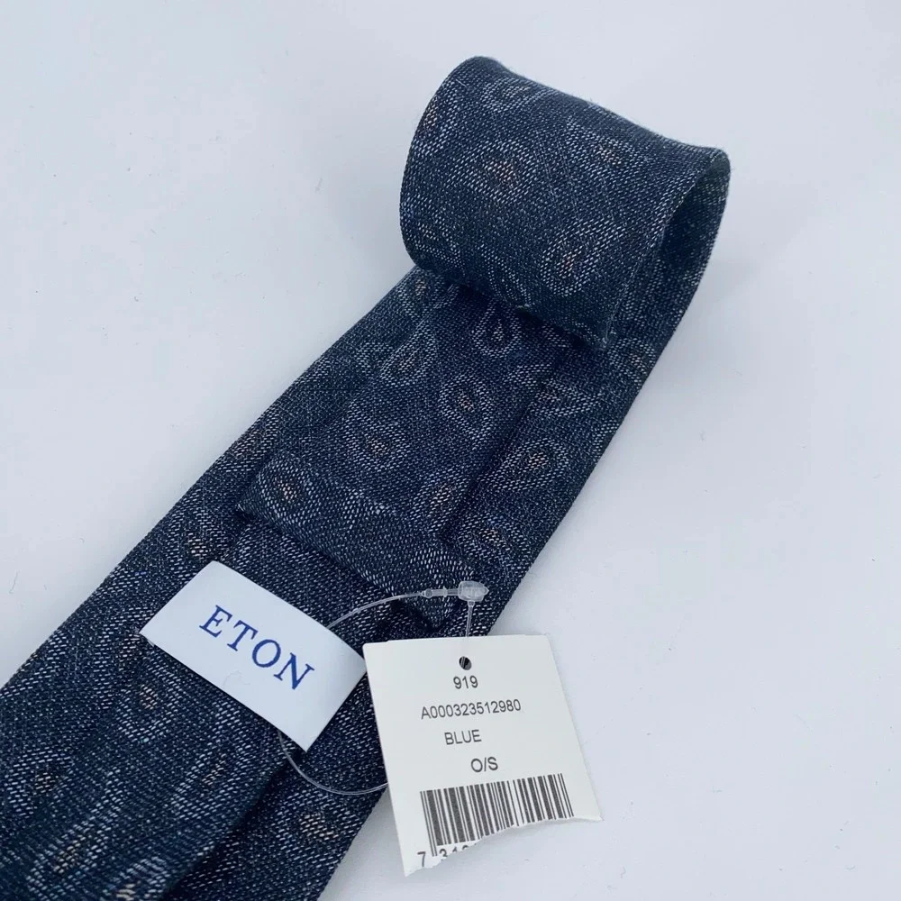 Eton Tie Mens One Size Blue Paisley Linen Professional Luxury Necktie Italy Made